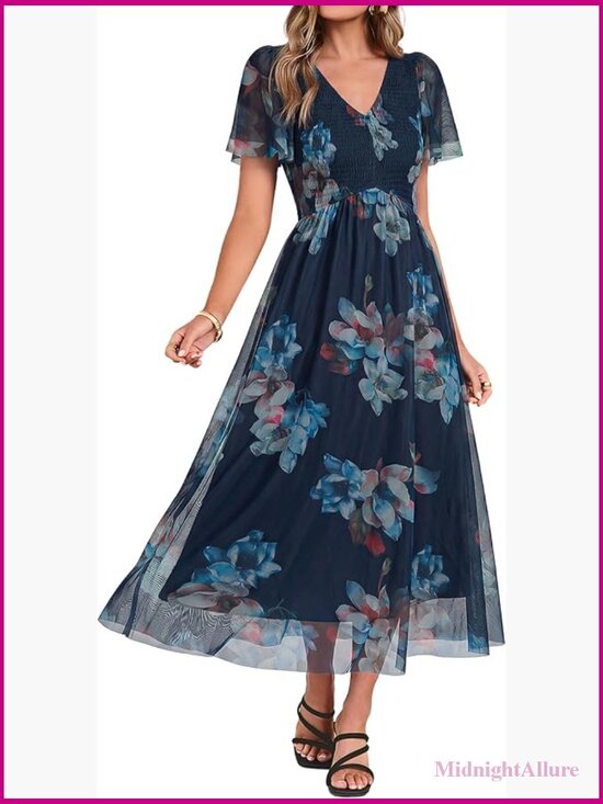 Dresses & Skirts - V Neck Flutter Sleeve Smocked Maxi Dress Boho Wedding Guest Summer